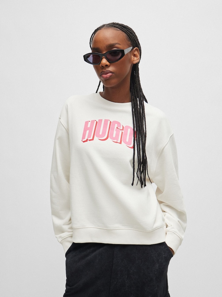 HUGO White Oversized Fit Graphic Logo Sweatshirt - Image 1 of 5