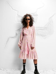 HUGO Pink Floral Print Belted Midi Dress - Image 1 of 1