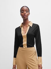 BOSS Black Ribbed Long-sleeved Blouse With Johnny Collar - Image 1 of 6