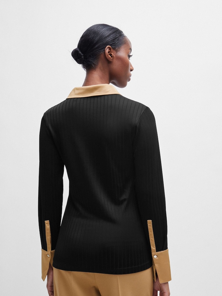 BOSS Black Ribbed Long-sleeved Blouse With Johnny Collar - Image 2 of 6