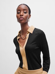 BOSS Black Ribbed Long-sleeved Blouse With Johnny Collar - Image 3 of 6