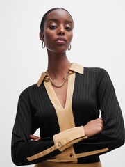 BOSS Black Ribbed Long-sleeved Blouse With Johnny Collar - Image 4 of 6