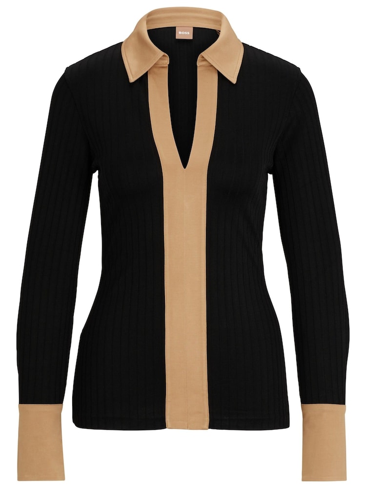BOSS Black Ribbed Long-sleeved Blouse With Johnny Collar - Image 6 of 6