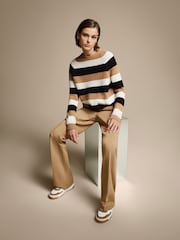 BOSS Tan Brown/Black Block Stripe Slim Fit Knitted Jumper - Image 1 of 6