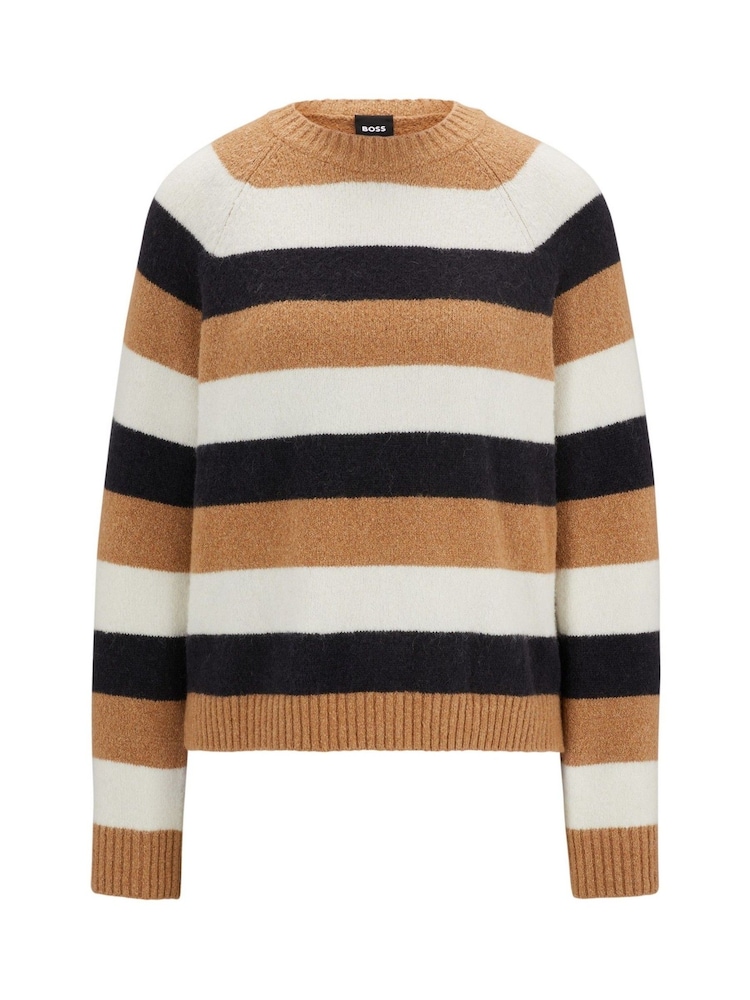 BOSS Tan Brown/Black Block Stripe Slim Fit Knitted Jumper - Image 6 of 6