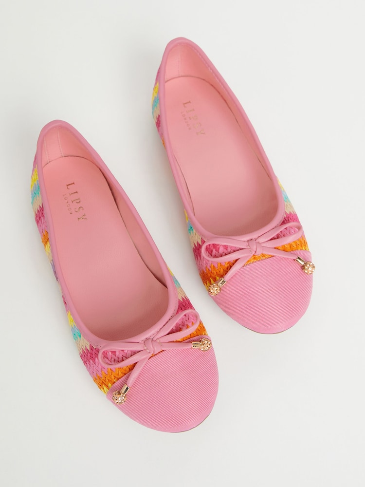 Lipsy Rainbow Pink Flat Toe Cap Bow Ballet Pumps - Image 2 of 4