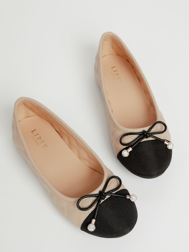 Lipsy Cream Flat Toe Cap Bow Ballet Pumps - Image 1 of 4