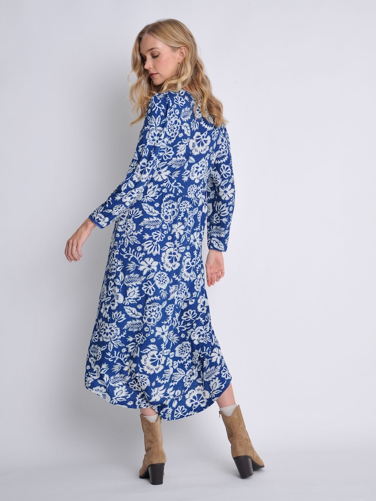 Burgs Womens Blue Whimble Midi Dress with Scallop Trim - Image 2 of 4 Burgs Womens Blue Whimble Midi Dress with Scallop Trim - Image 2 of 4
