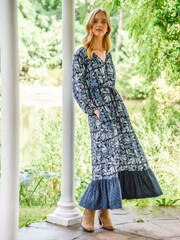 Burgs Womens Blue Penhallow Midi Mix Print Woven Dress - Image 1 of 1