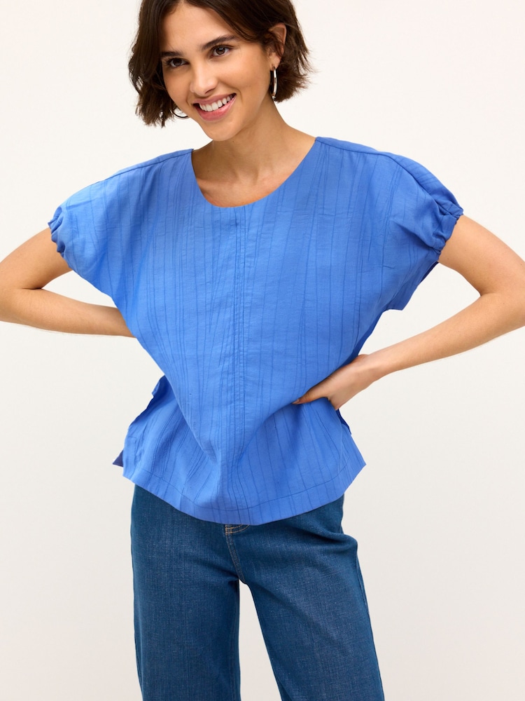 Cobalt Blue Gathered Short Sleeve Textured Boxy T-Shirt - Image 1 of 6