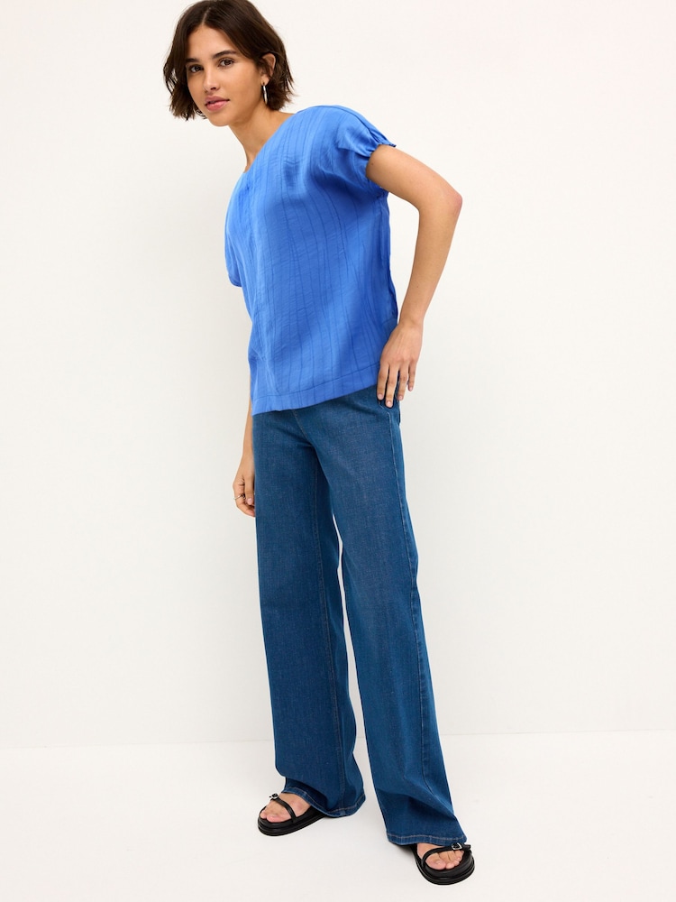 Cobalt Blue Gathered Short Sleeve Textured Boxy T-Shirt - Image 2 of 6