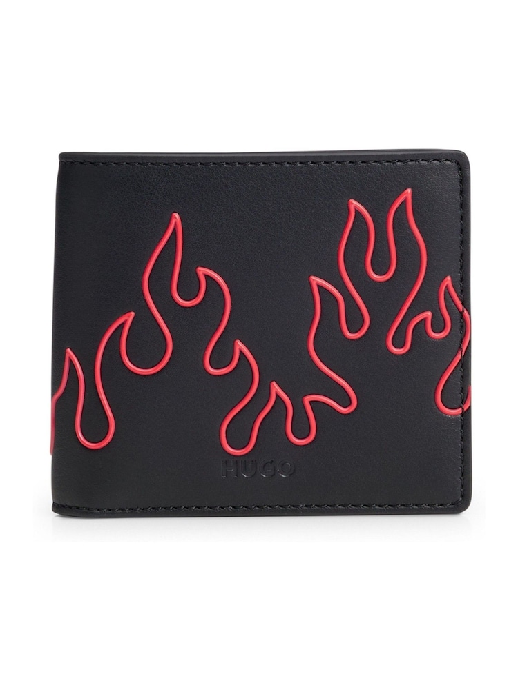 HUGO Faux Leather Bi-fold Black Wallet With Flame Artwork - Image 1 of 3