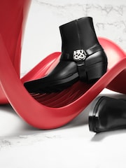 HUGO Ankle Black Boots In Leather With Metallic Stacked Logo Trim - Image 1 of 5
