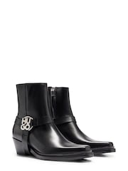 HUGO Ankle Black Boots In Leather With Metallic Stacked Logo Trim - Image 3 of 5