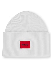 HUGO White Logo Label Beanie Hat in a Ribbed Wool Blend - Image 1 of 3