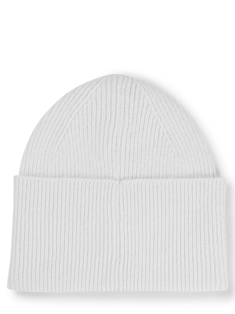 HUGO White Logo Label Beanie Hat in a Ribbed Wool Blend - Image 2 of 3