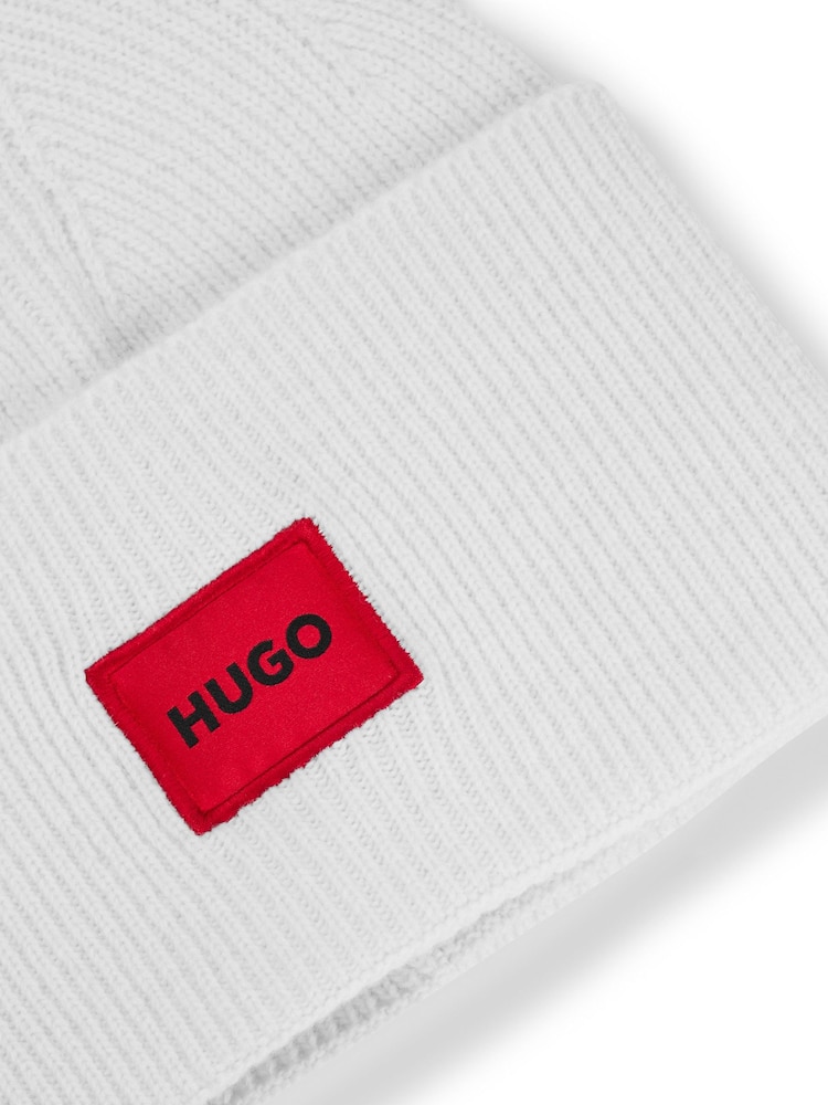 HUGO White Logo Label Beanie Hat in a Ribbed Wool Blend - Image 3 of 3