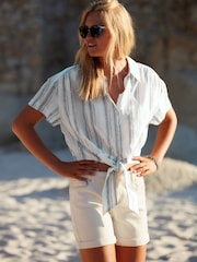Blue/White Textured Stripe Short Sleeve Cropped Shirt - Image 2 of 6