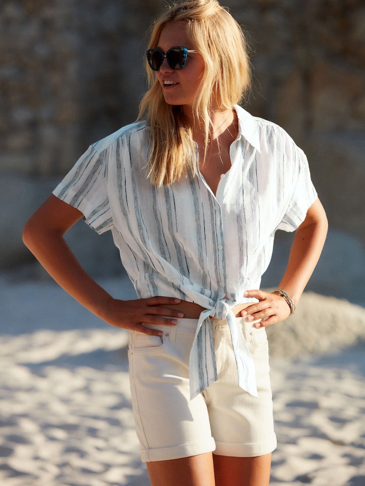 Blue/White Textured Stripe Short Sleeve Cropped Shirt - Image 2 of 6