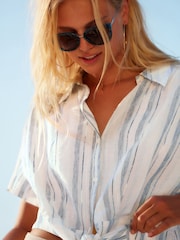 Blue/White Textured Stripe Short Sleeve Cropped Shirt - Image 4 of 6