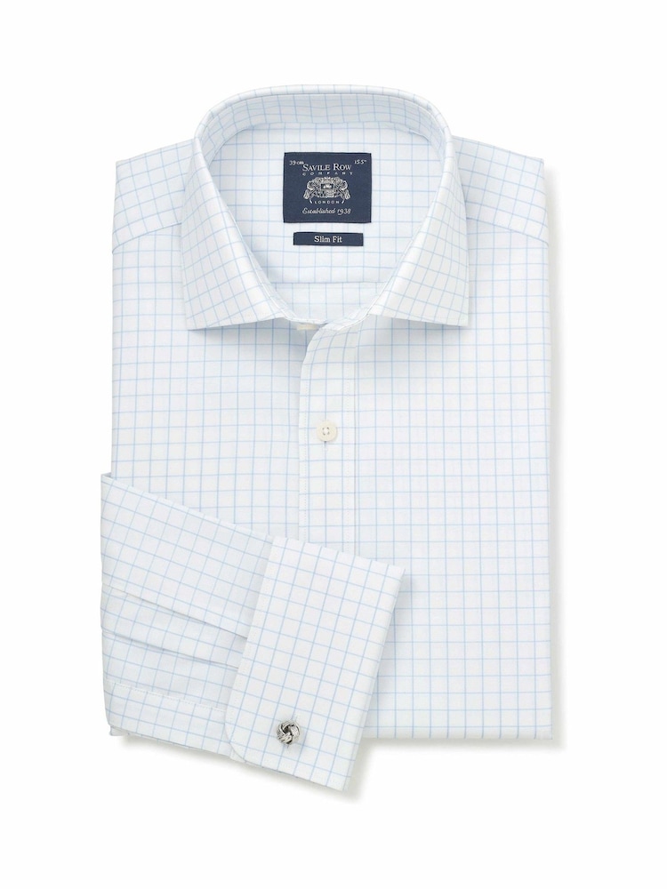 Savile Row Company White/Blue Slim Fit Cotton Twill Window Check Double Cuff Formal Shirt - Image 1 of 3