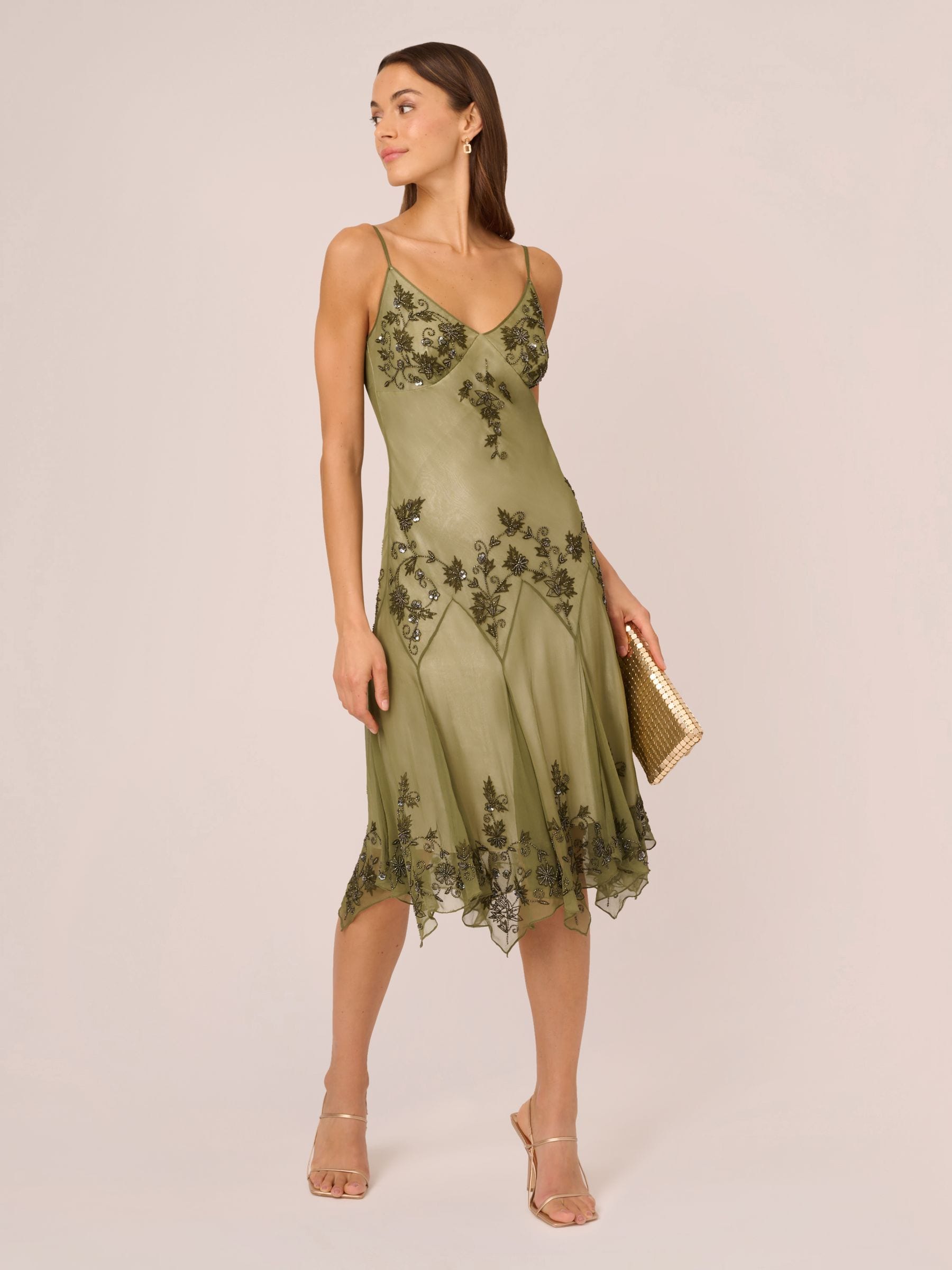 【海外限定】AdriannaPapell ドレス☆Adrianna By Green Ruffle Adrianna Papell Metallic Jacquard Ruffle Trim Halter Neck