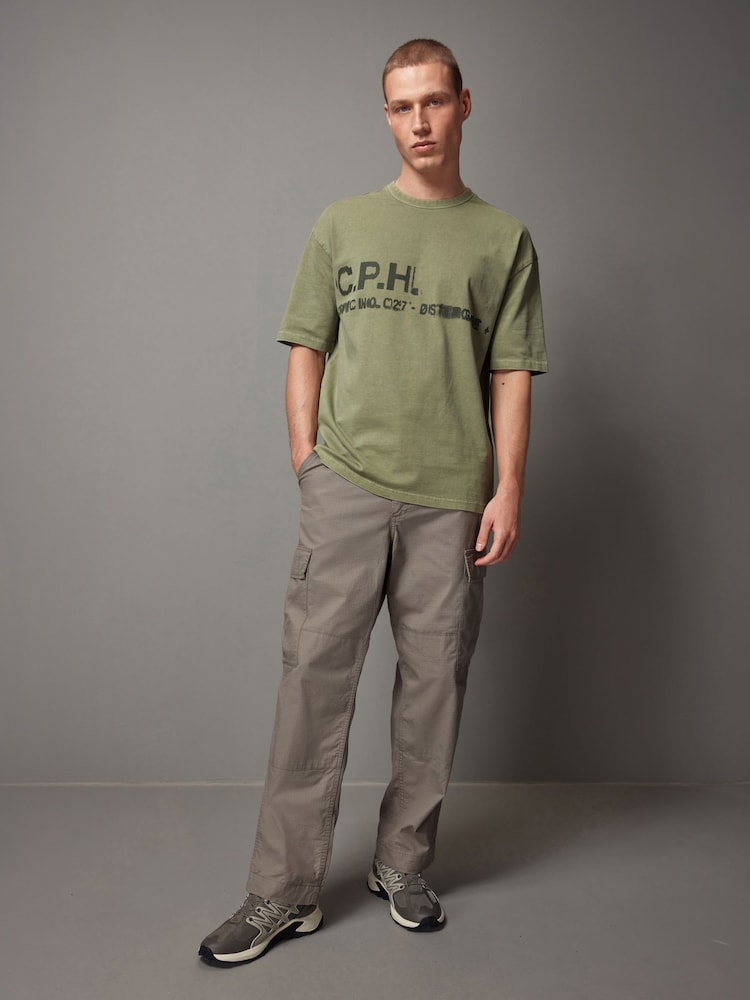 Khaki Green Single Relaxed Fit 100% Cotton Graphic Heavyweight T-Shirt - Image 2 of 6