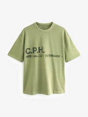 Khaki Green Single Relaxed Fit 100% Cotton Graphic Heavyweight T-Shirt - Image 4 of 6