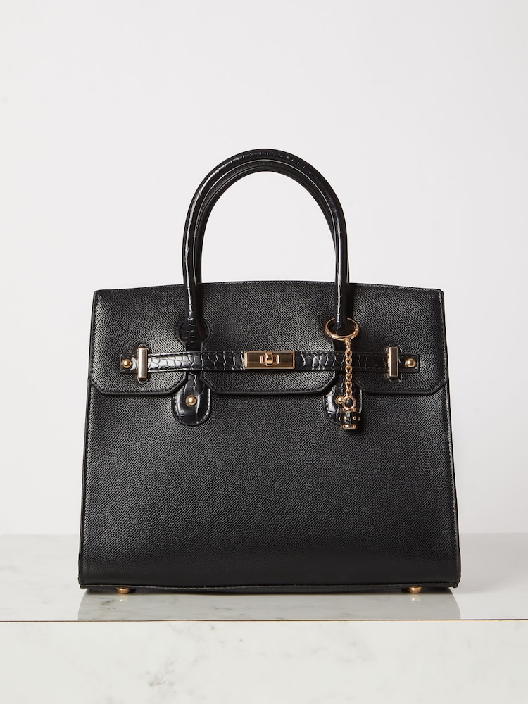 Lipsy Black Faux Leather Lock Detail Top Handle Tote Bag - Image 1 of 4