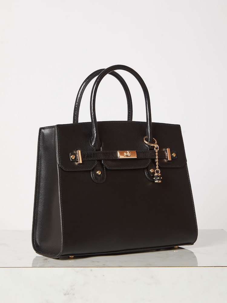Lipsy Black Faux Leather Lock Detail Top Handle Tote Bag - Image 2 of 4
