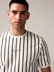 Ecru/Grey Textured 100% Cotton Vertical Stripe T-Shirt - Image 1 of 8