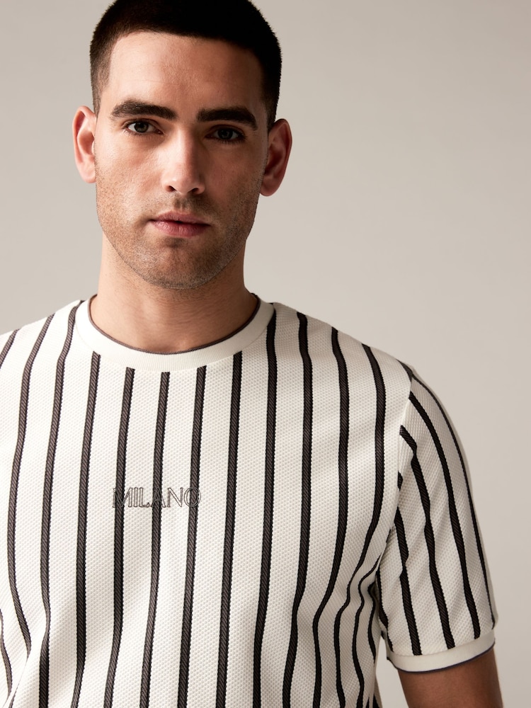 Ecru/Grey Textured 100% Cotton Vertical Stripe T-Shirt - Image 1 of 8