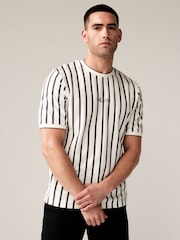 Ecru/Grey Textured 100% Cotton Vertical Stripe T-Shirt - Image 4 of 8