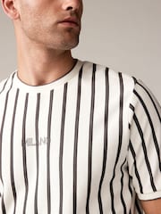 Ecru/Grey Textured 100% Cotton Vertical Stripe T-Shirt - Image 5 of 8