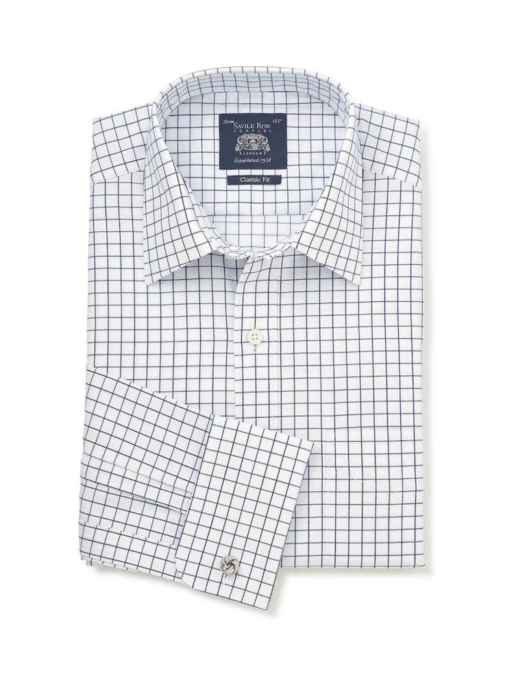 Savile Row Company Blue Classic Fit Window Check Cotton Twill Double Cuff Formal Shirt - Image 1 of 3