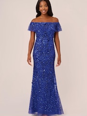 Adrianna Papell Blue Beaded Mesh Gown - Image 1 of 7