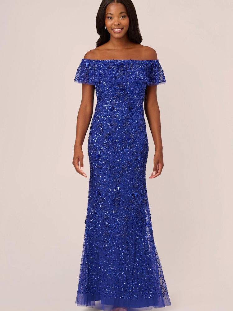 Adrianna Papell Blue Beaded Mesh Gown - Image 1 of 7