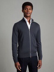 Reiss Blue Smoke Hampshire Merino Wool Funnel-Neck Cardigan - Image 1 of 6