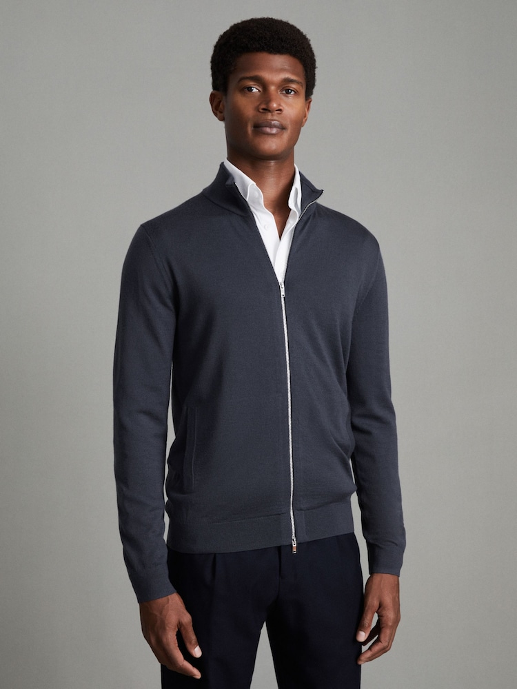 Reiss Blue Smoke Hampshire Merino Wool Funnel-Neck Cardigan - Image 1 of 6