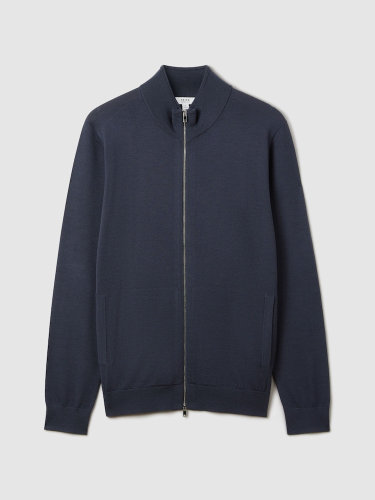 Reiss Blue Smoke Hampshire Merino Wool Funnel-Neck Cardigan - Image 2 of 6