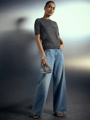 Charcoal Grey Heatseal Embellished Supersoft Short Sleeve Knitted Jumper - Image 2 of 8