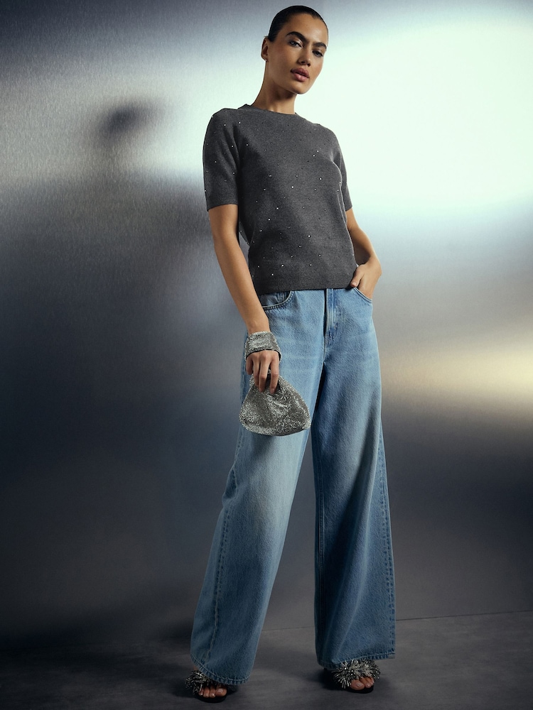 Charcoal Grey Heatseal Embellished Supersoft Short Sleeve Knitted Jumper - Image 2 of 8