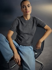 Charcoal Grey Heatseal Embellished Supersoft Short Sleeve Knitted Jumper - Image 3 of 8