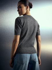 Charcoal Grey Heatseal Embellished Supersoft Short Sleeve Knitted Jumper - Image 4 of 8