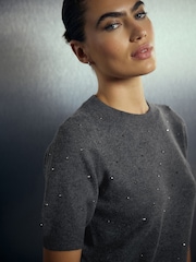Charcoal Grey Heatseal Embellished Supersoft Short Sleeve Knitted Jumper - Image 5 of 8