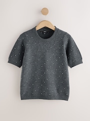Charcoal Grey Heatseal Embellished Supersoft Short Sleeve Knitted Jumper - Image 6 of 8