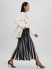 Reiss Navy/Cream Saige Pleated Striped Midi Skirt - Image 1 of 6