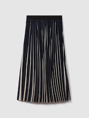 Reiss Navy/Cream Saige Pleated Striped Midi Skirt - Image 2 of 6