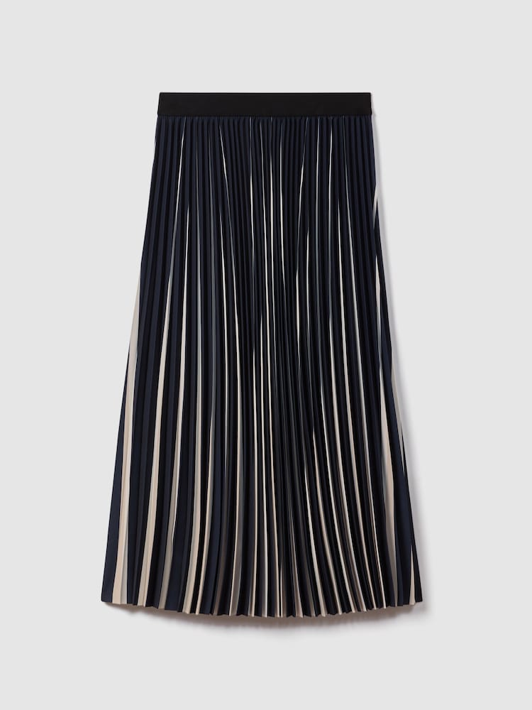Reiss Navy/Cream Saige Pleated Striped Midi Skirt - Image 2 of 6