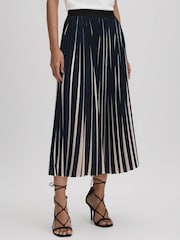Reiss Navy/Cream Saige Pleated Striped Midi Skirt - Image 3 of 6